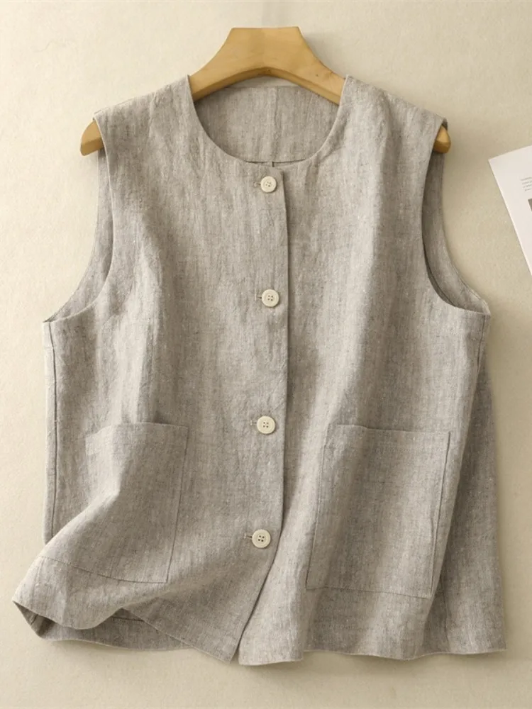 

Льняной жилет цвета хаки, женский летний модный многослойный хлопковый льняной топ на бретелях, универсальный круглый жилет на одной пуговице