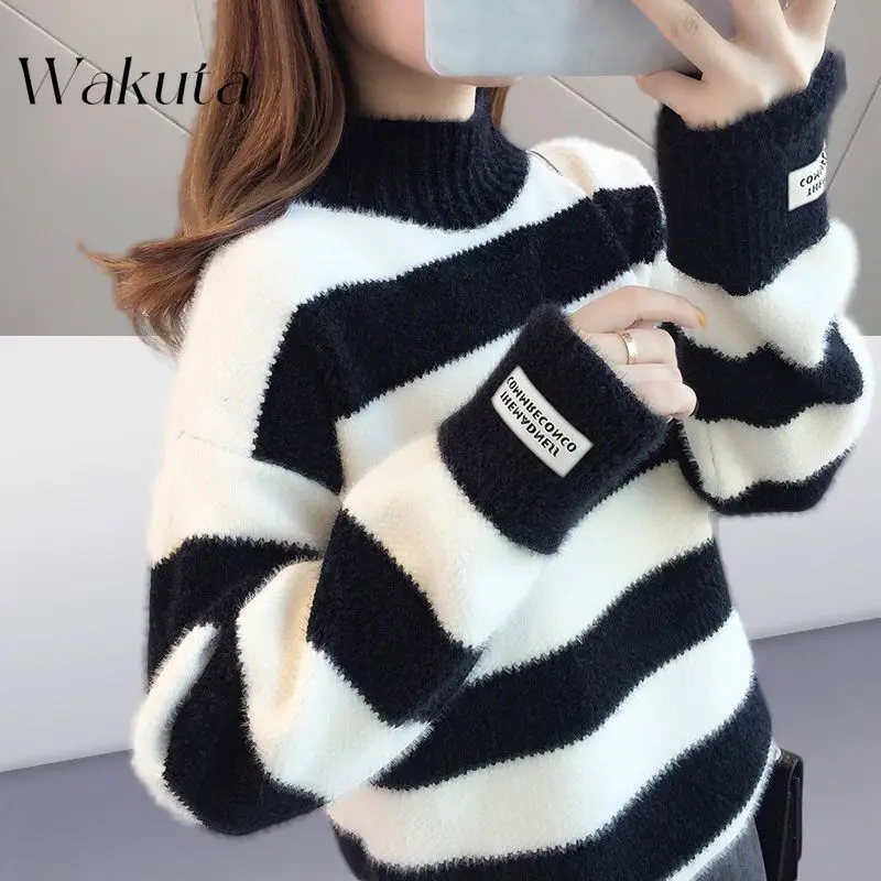 WAKUTA Korean Loose Stand-up Collar Long-sleeved Striped Knit Pullover Chic Lazy Style Fall/Winter Thickened Streetwear 여성 반팔 니트