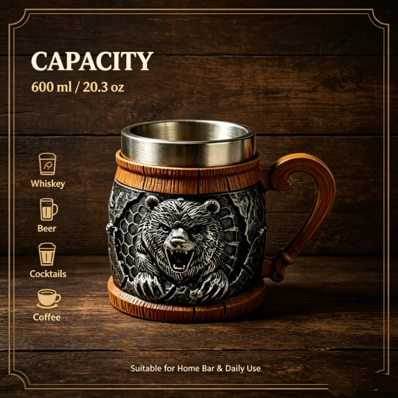 3D Roaring Bear Embossed Tankard Resin Barrel Mug Stainless Steel Liner Wooden Handle Viking Pub Whiskey Cup Halloween Man Gift