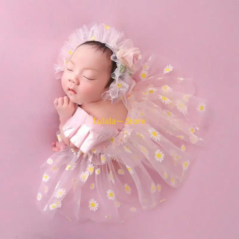 Y4QA Baby Girls Tulle Romper Dress with Matching Headdress for Newborn Photoshoots