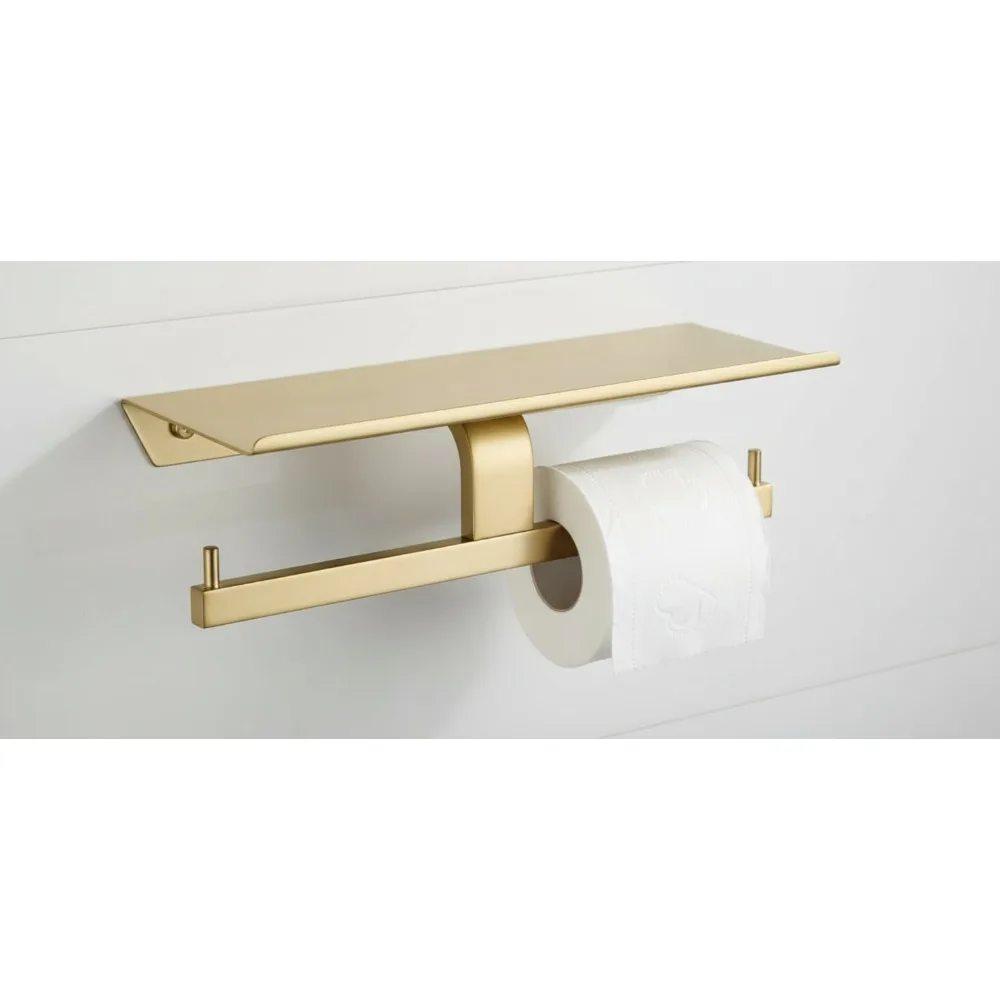 

Dual Roll Toilet Paper Holder with Phone Shelf, 304 Stainless Steel Tissue Dispenser, Rust-Proof Brushed Gold