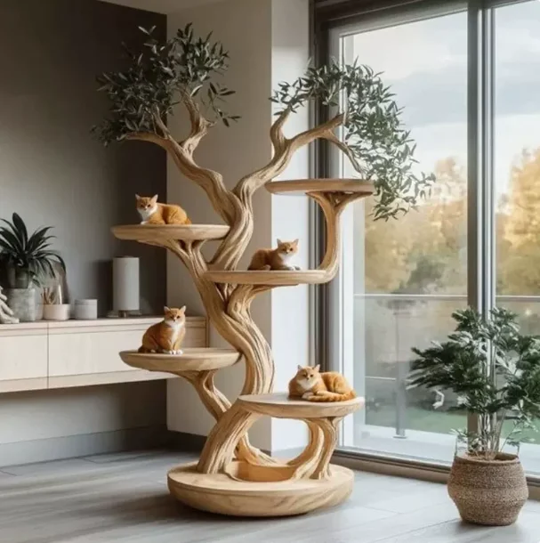 Premium Solid Wood Modern Luxury Pet Tree Villa, Multi-Level Tower Nest with Plush Fabric for Climbing