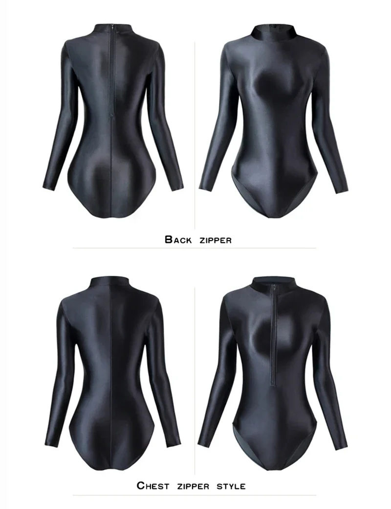 Vrouwen lange mouw strakke glanzende dans jumpsuit bodysuit yoga effen vormige praktijk ritmische gymnastiek turnpakje badpak danskleding