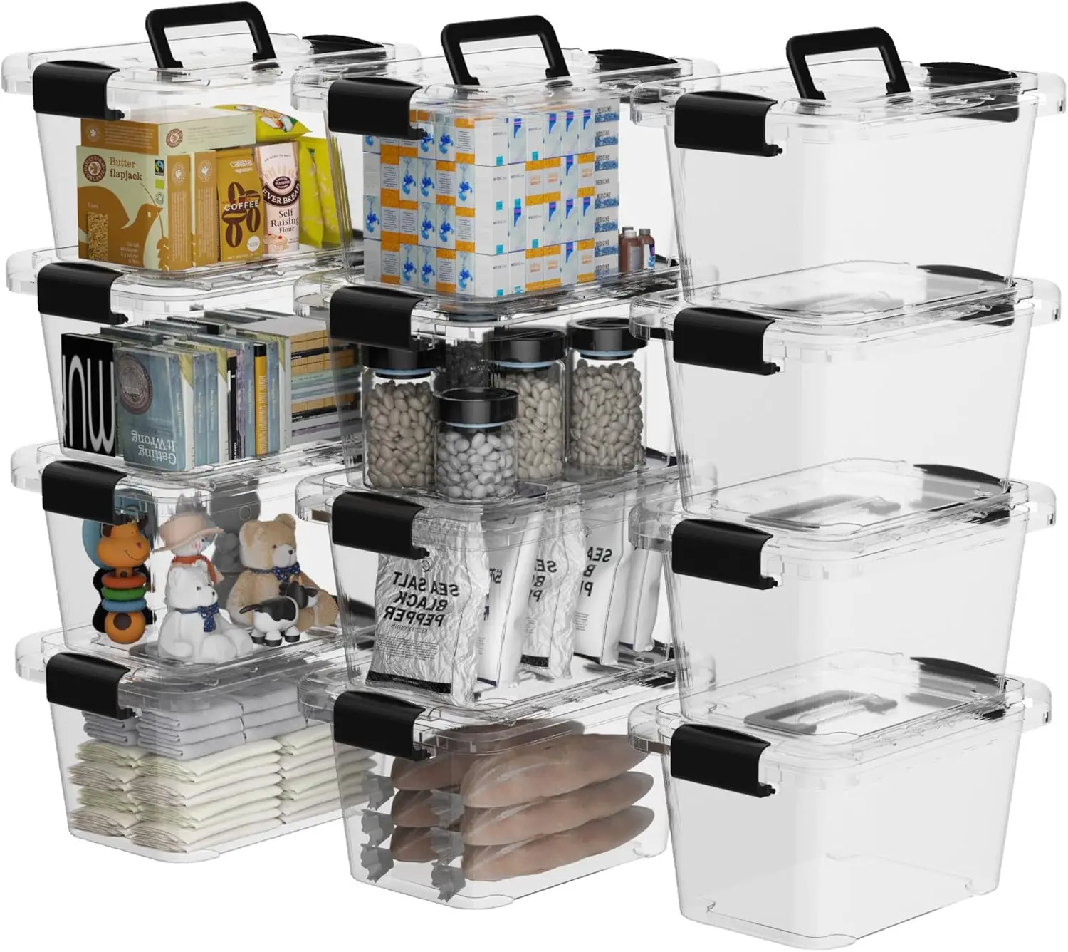 12Qt*12 Plactic Storage Bins, Stack Tote Storage Box with Handle, Clear, 12Quart-12 Pack