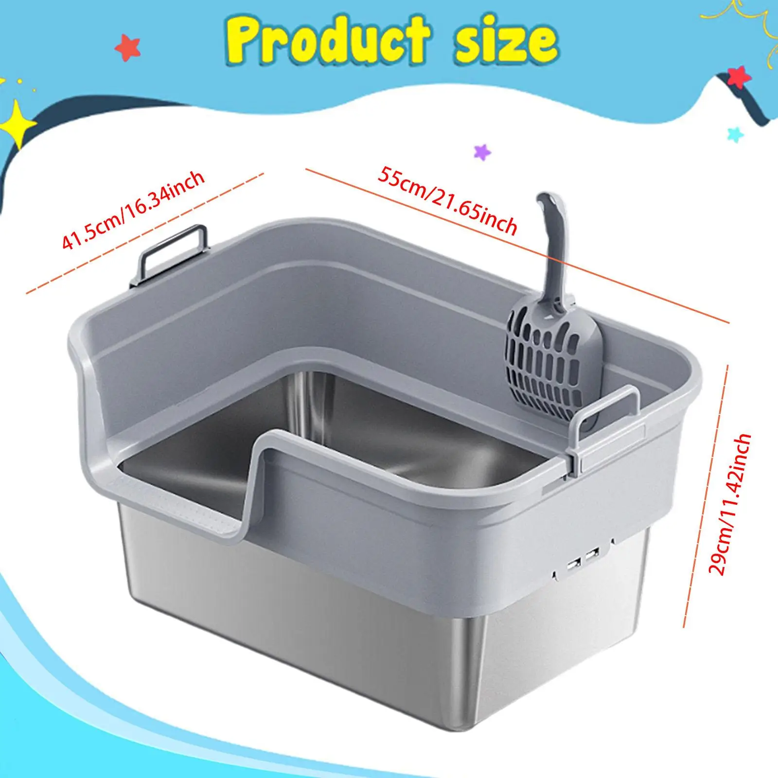 Large Cat Litter Box Cat Potty Easy to Clean Sturdy with Scoop Anti Leakage Stainless Steel Pet Supplies Litter Pan Tray