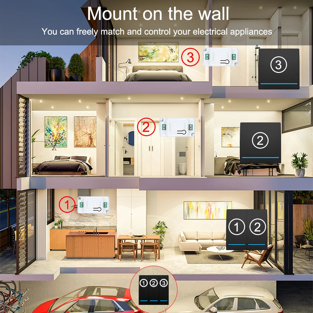 Wireless Smart Switch RF433mhz1/2/3Gang wall panel switch with remote control mini relay receiver LED light switch