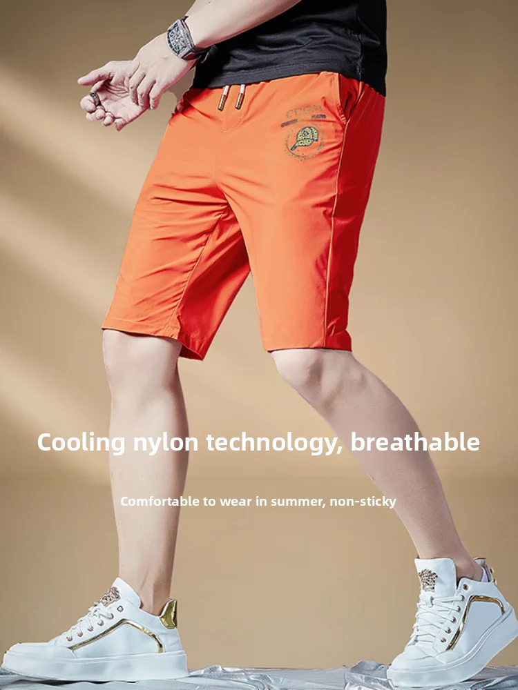

Летние тонкие повседневные мужские шорты из ледяного шелка с охлаждающим эффектом, длиной до колена, модные брендовые молодежные спортивные брюки для активного отдыха