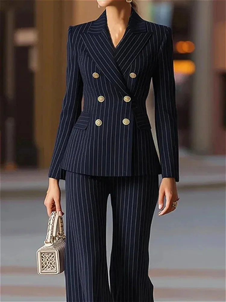 Modigirl Blue Formal Coat Outerwear for Woman 2025 New Autumn Spring Golden Buttoned Business Fashion Striped Blazers Clothes