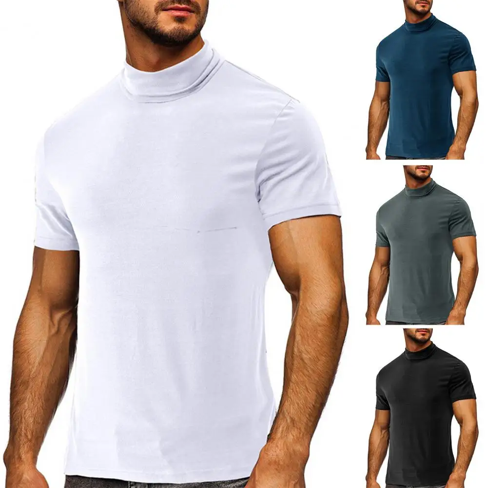 Men T-shirt Mock Neck Short Sleeve Men Top Solid Color Breathable Elastic Fitness T-shirt Summer Running Compression T-shirt