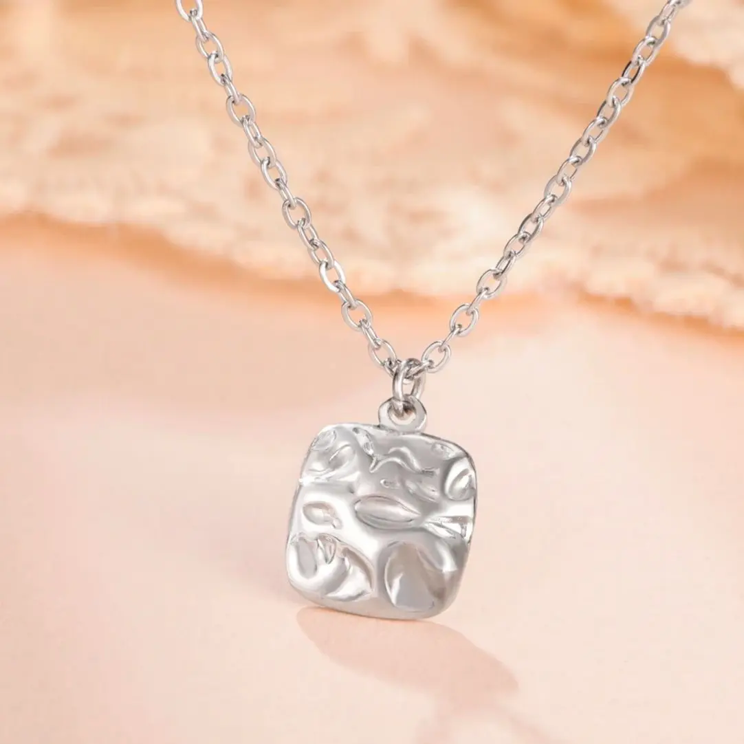 Unift Geometric Wrinkle Shaped Square Pendant Necklace for Women Stainless Steel Female Fashion Waterproof Jewelry Birthday Gift