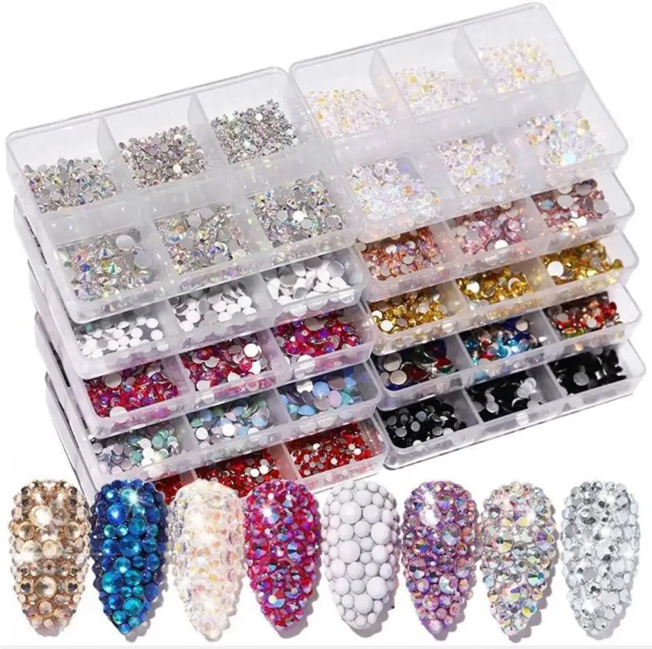 500PC *6cell box size nail gems set1 Box Crystal Nail Art Rhinestone/ All Color Flat Bottom Mixed Shape Rhinestone size nail gem