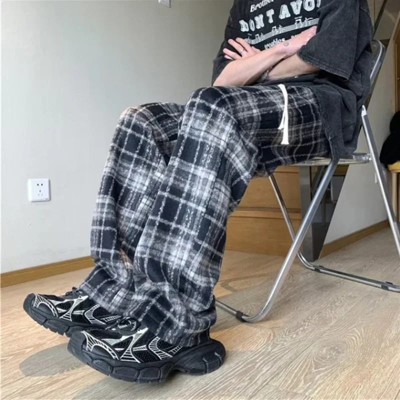 New Men's Y2K Plaid Casual Baggy Trousers Autumn Korean Fashion Straight Woolen Pants Y2K Vintage Streetwear Pantalones Hombre