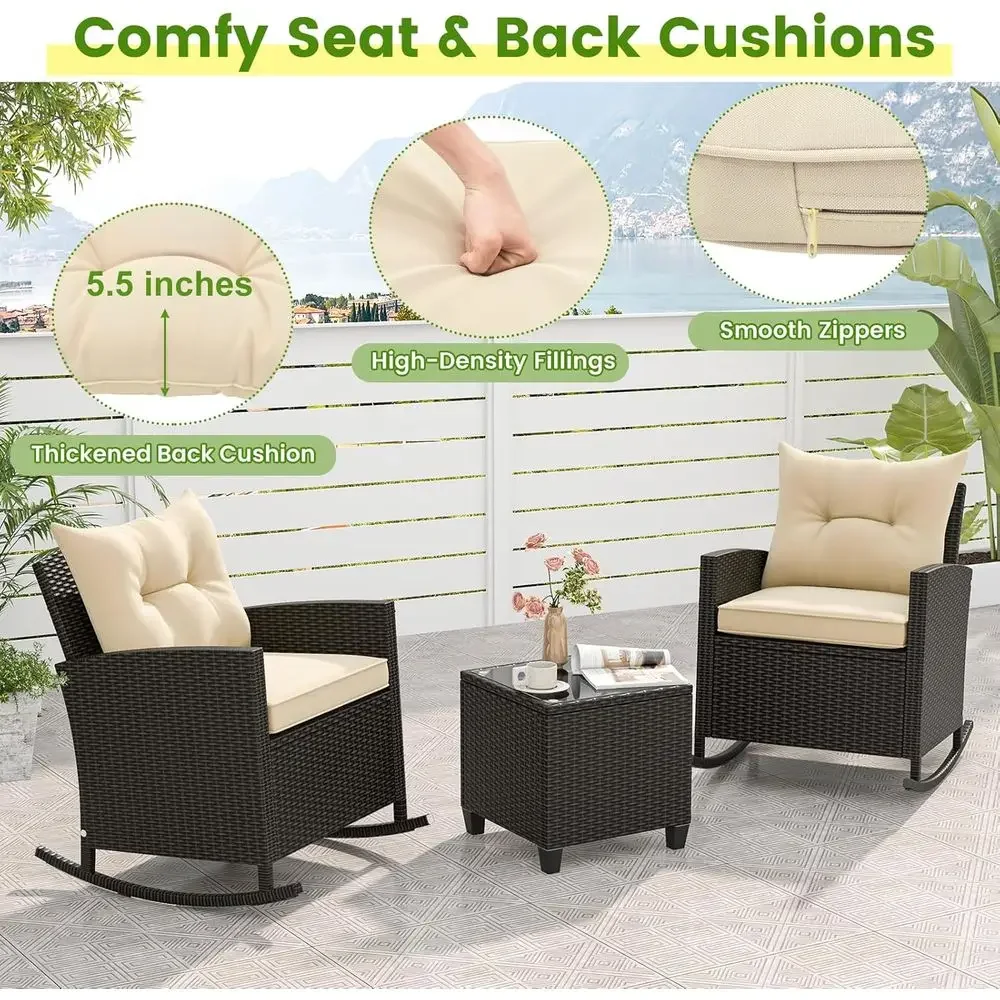 3-Piece Outdoor Wicker Rocking Bistro Set with Glass Table, Suitable for Porch, Balcony, Deck, Poolside (Mix Brown-Beige) view 4