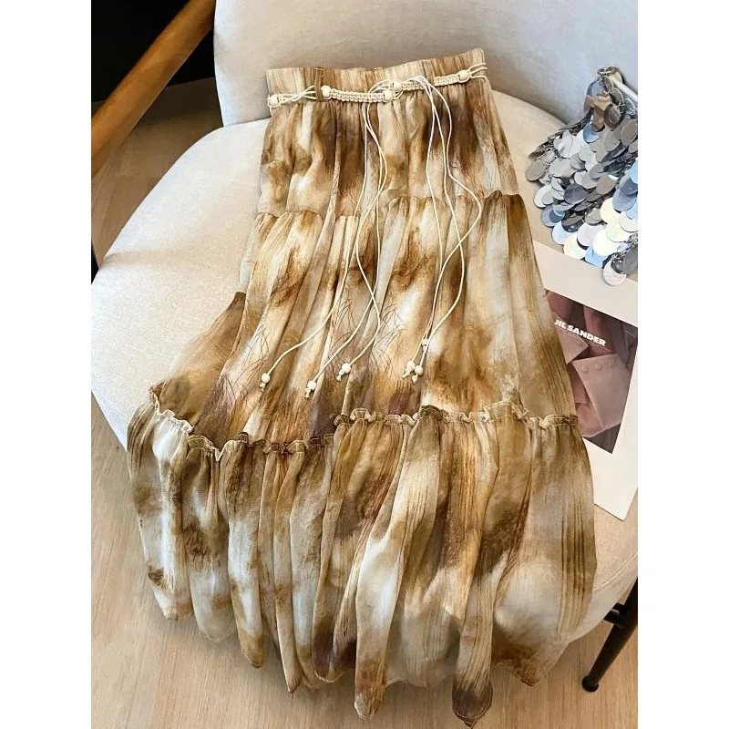 Vintage Beige Ink Wash Painting Print Tiered Chiffon Midi Skirt High-waist Flowy Skirt Tassel Belt Women Cottagecore Fairy Wear