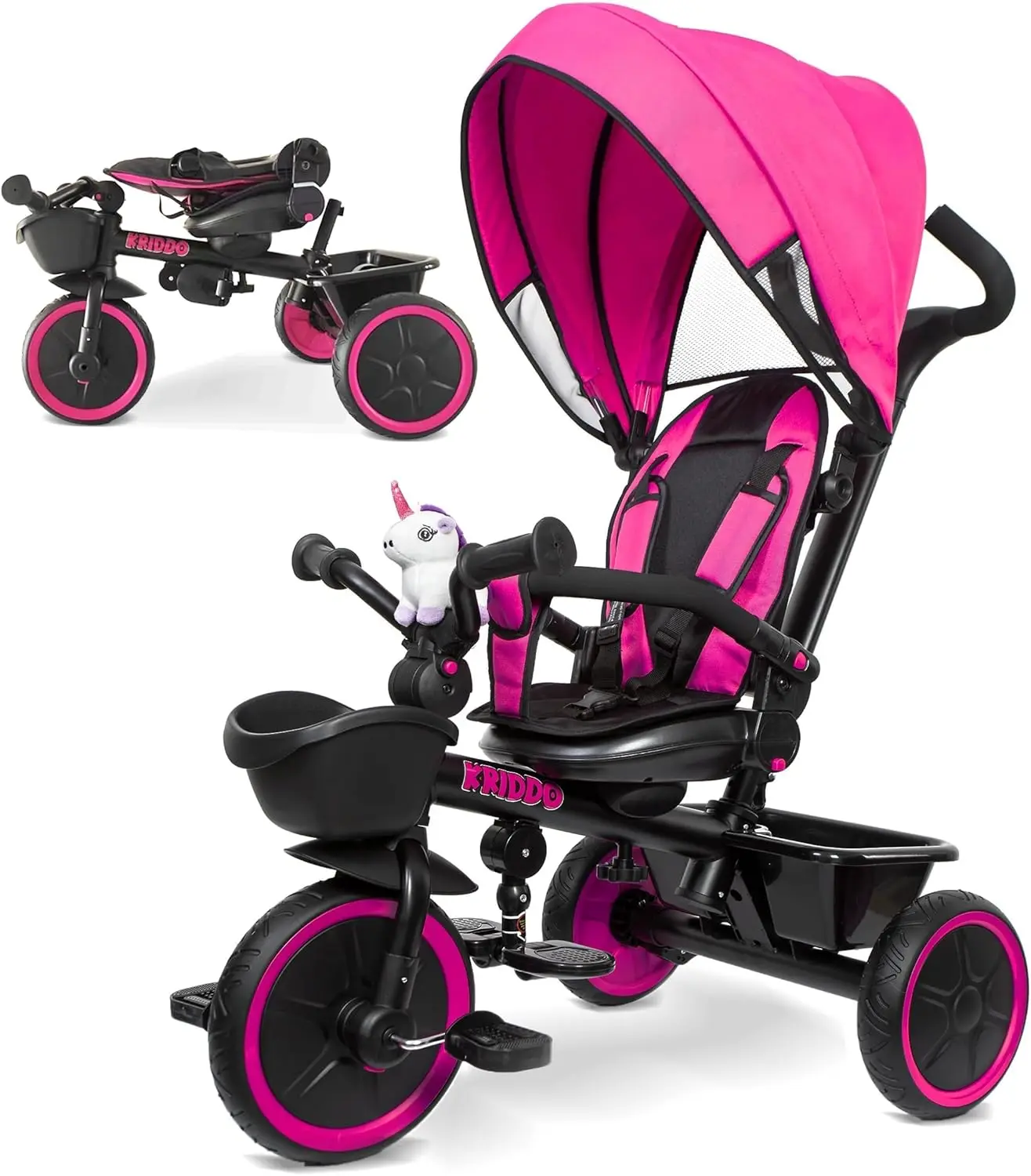 

18 Months to 5 Years, Adjustable Push Handle, Rotatable Seat, Safety Harness & Removable Canopy, Cup Holder, Storage,