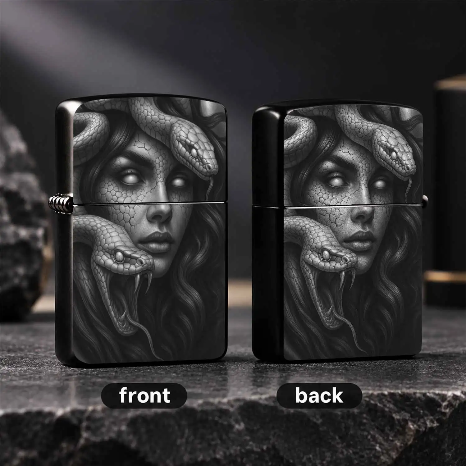 Retro Themed Printing Snake Pattern Greek Mythology Inspired PORTABLE Windproofs Unique Decorative Collectible Gift For Men Artistic Engraved Reusable  For  Outdoor Daily Use Present For Myth Enthusiast A fun and humorous lighter