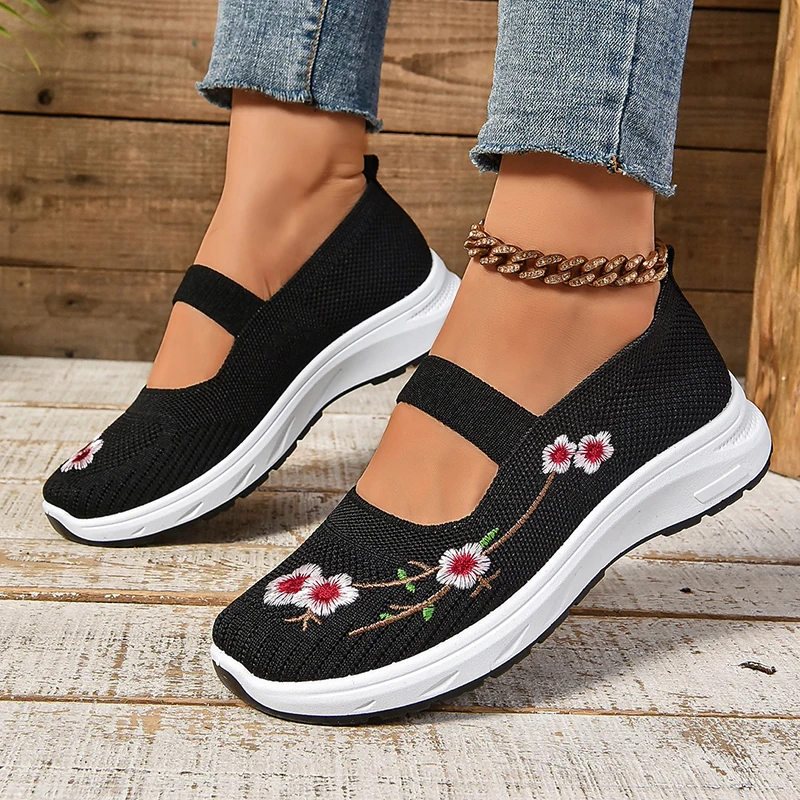 Knitted Embroided Floral Flat Platform Loafers Women Breathable Mesh Slip On Sneakers 2024 Autumn Patchwork Shallow Shoes