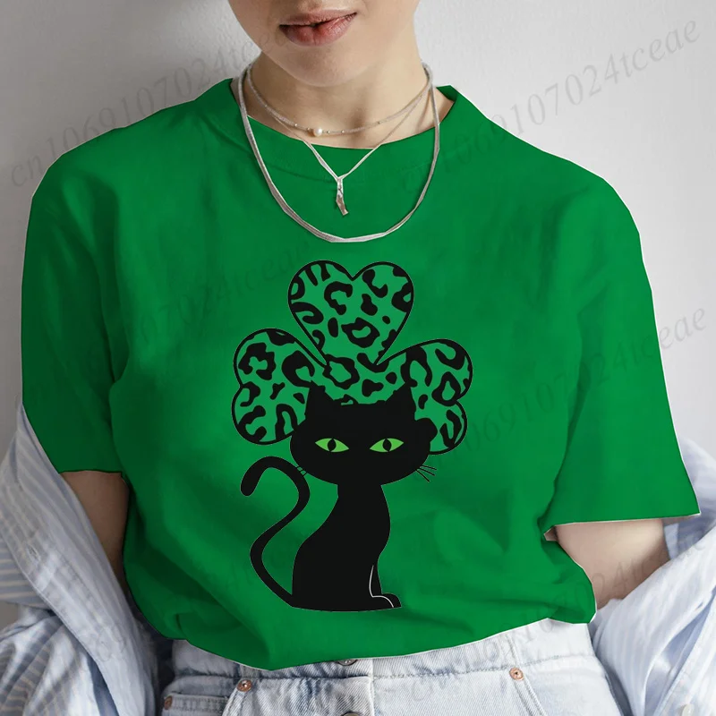 Women's T-shirt Kawaii Black Cat Shamrock Print Tshirts Short Sleeve Tees Fashion Leisure Ladies Tshirt Trend Hip Hop Streetwear