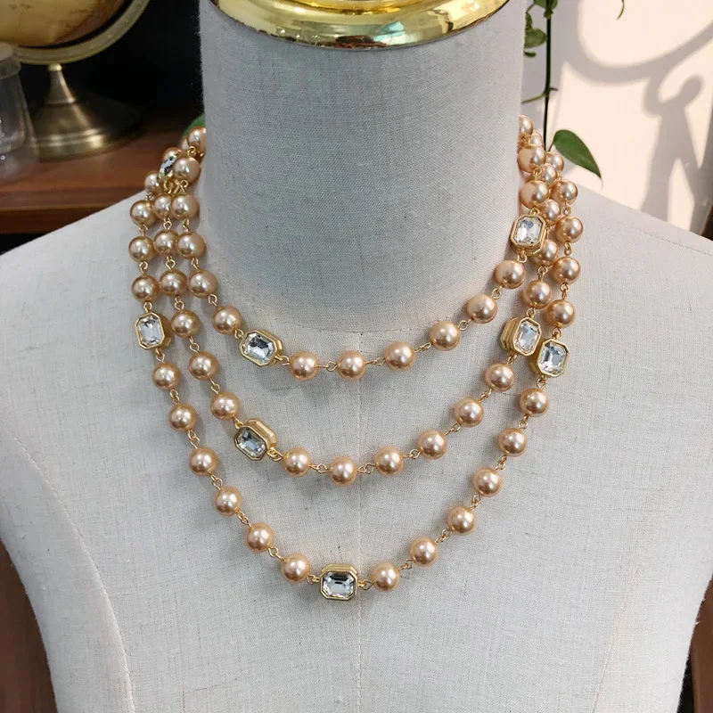 Medieval Vintage Champagne Glass Pearls Long Necklace Layers Short Choler Collares