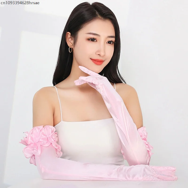 Mulheres elegantes luvas longas ópera palco desempenho casamento pena/peral renda cetim luvas festa princesa vestido acessórios