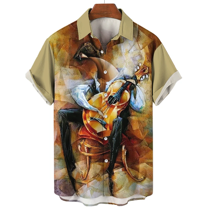 Men Summer Hawaiian Shirts For Men Music Guitar Abstract Printed Tops Clothing Fashion Casual Oversized Collar Rock Roll Blouses