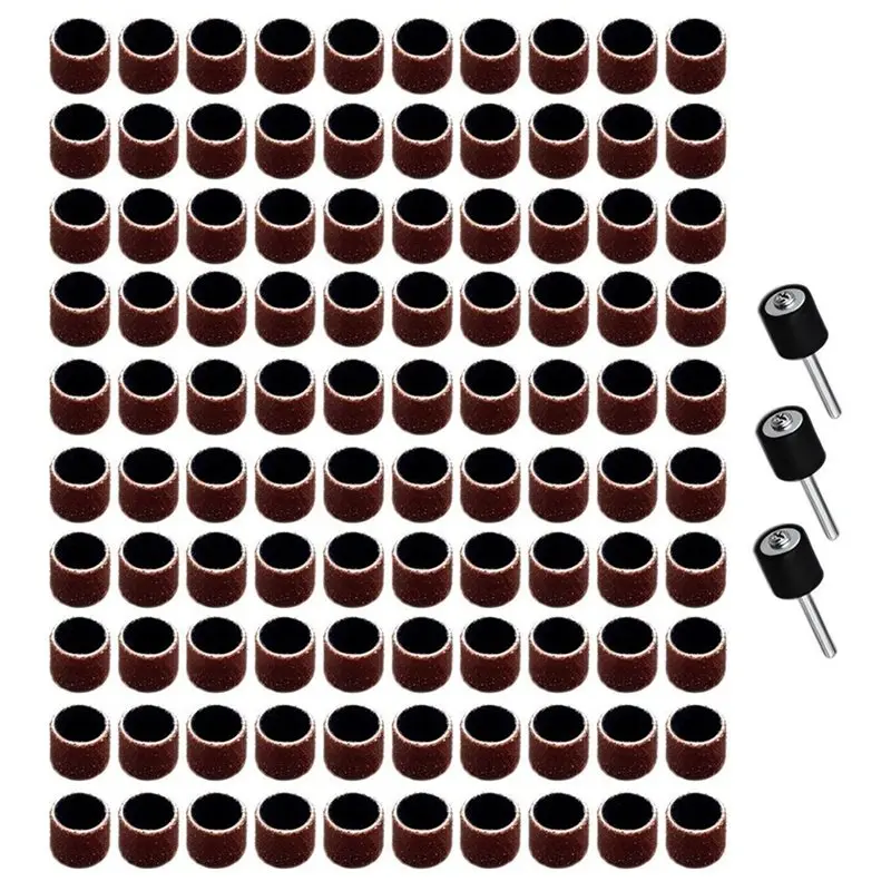 A93E-100Pcs Sanding Drum Set - 80 Grit Aluminum Oxide Sander Sleeves Kit With 3 Pc 1/8 Inch Mandrels For Dremel Rotary Tools