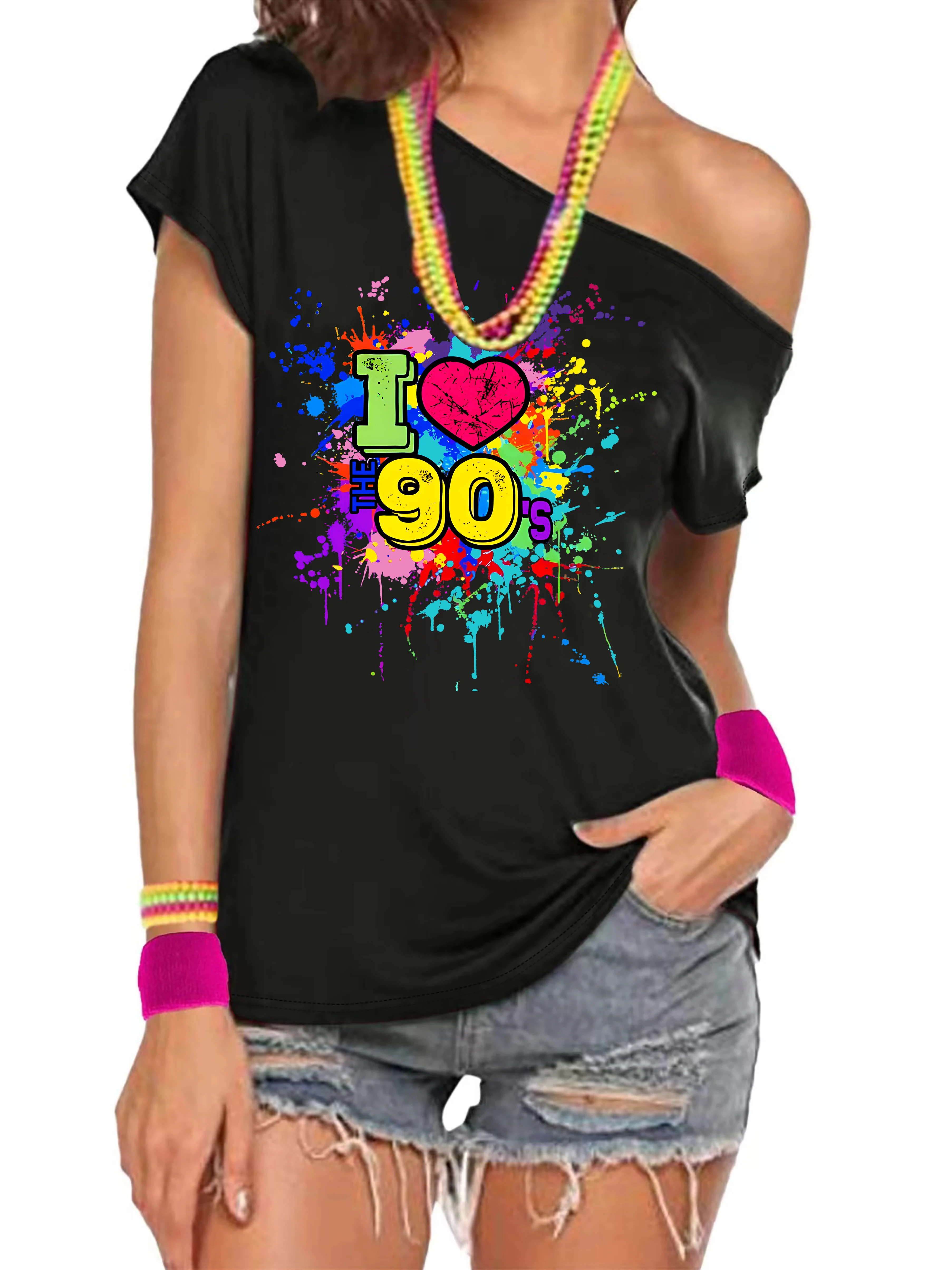 90s Costume Outfit for Woman Love off the Shoulder T Shirts Novelty Neon Top Clothes for Costume