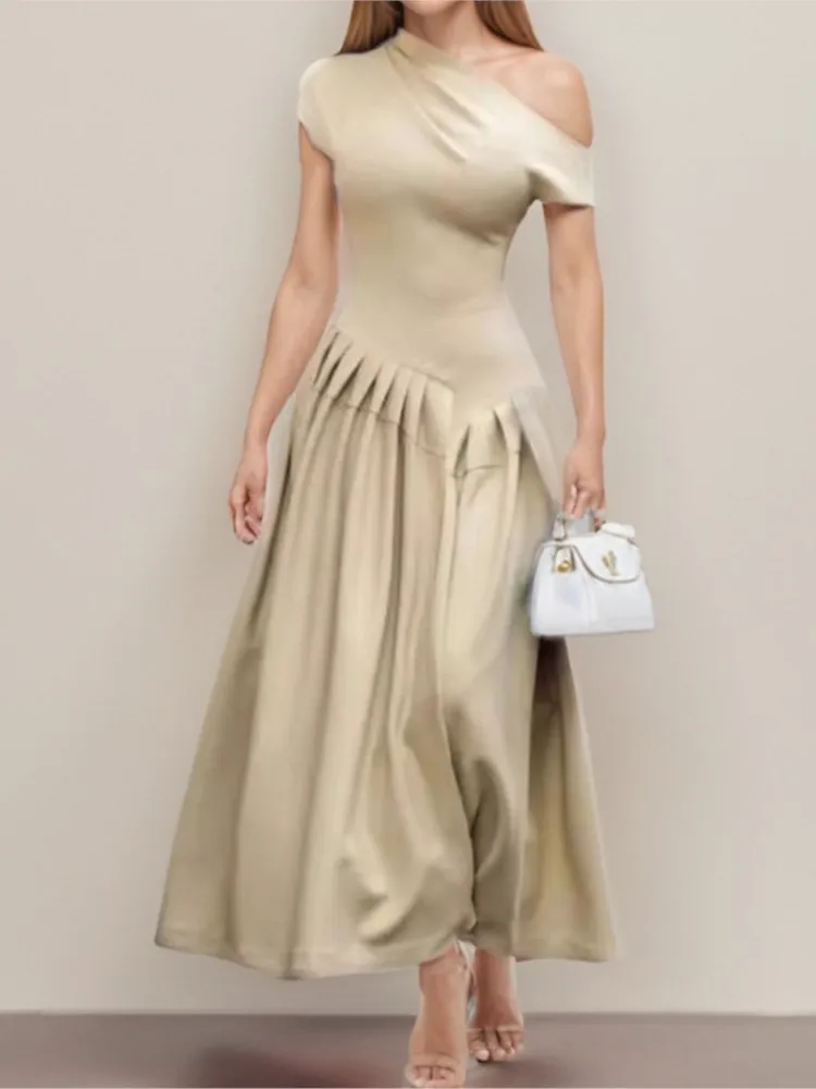 

2026 Spring Dresses For Woman Party Wedding Dress For Ladies Elegant Vestido Temperament Solid Color Slant Collar Irregular Silm