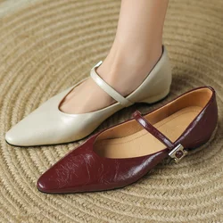 Women's genuine leather metal buckle pointed toe slip-o Mary Jane flats high quality soft comfortable 2cm kitten heel shoes sale