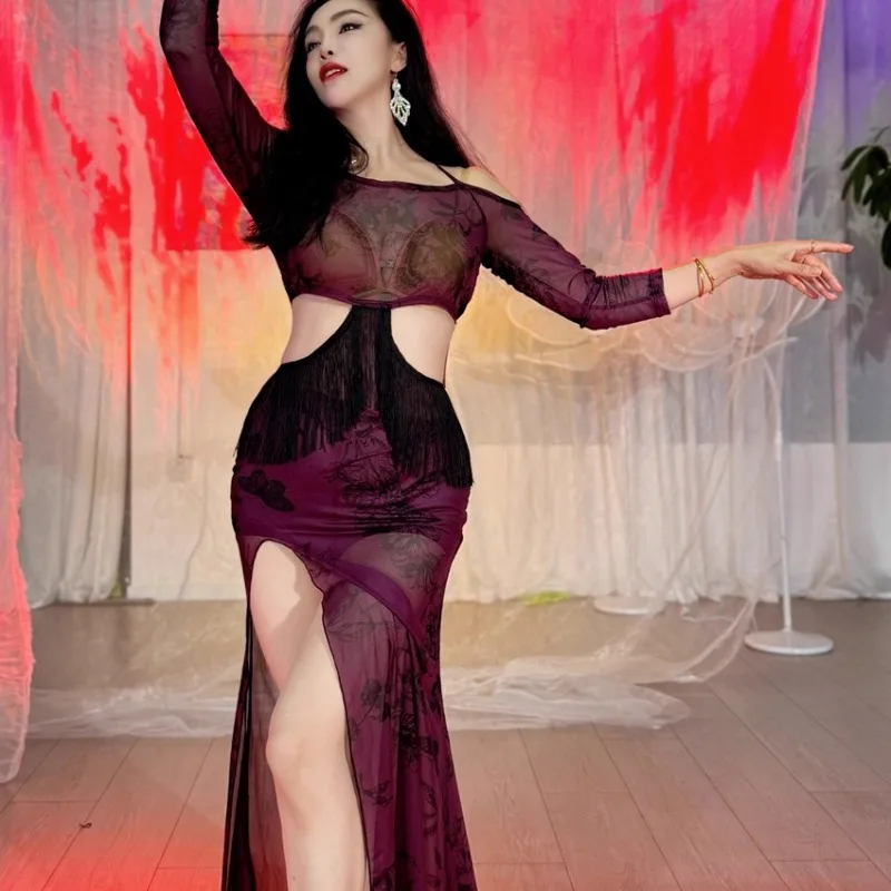 Vestido de práctica de danza del vientre Sexy Swegal personalizado, trajes de danza Oriental, vestido de tirantes de cintura de malla con estampado negro, morado y rojo para mujer