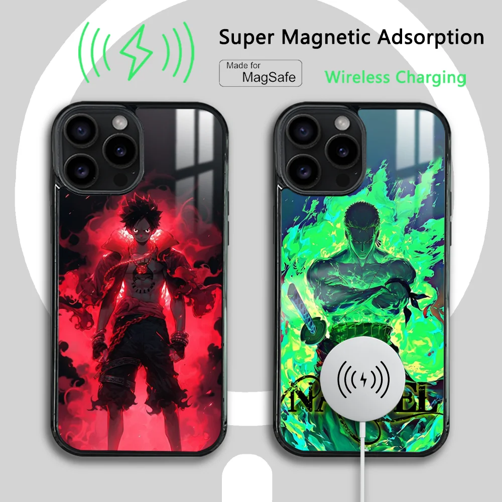 One P-Piece Japan Anime Phone Case For iPhone 15 14 13 12 11 Pro Max Plus Mini Mirror Magnetic Cover Wireless Charging Case