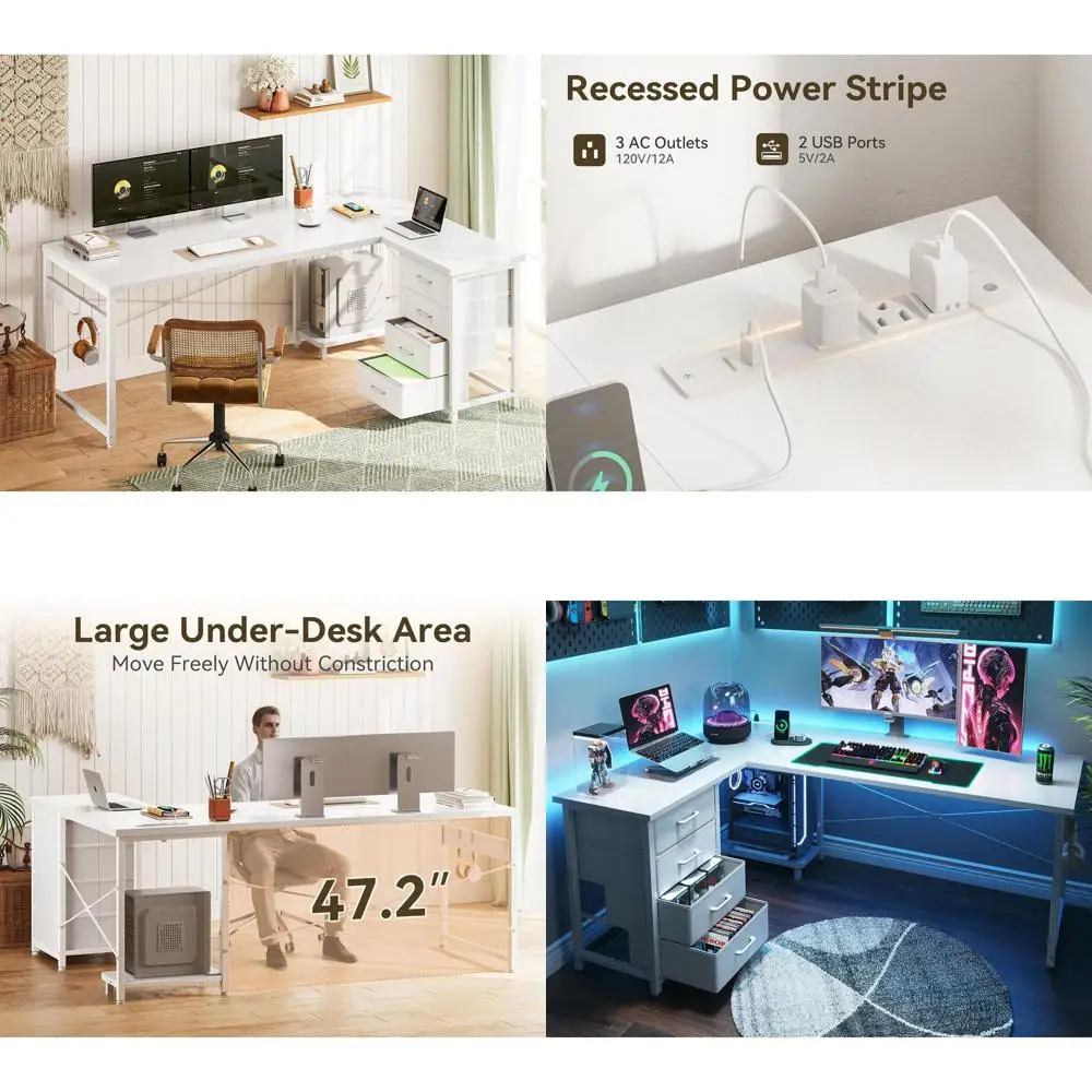 

Двусторонний L-образный стол с 4 ящиками, игровой и домашний офисный стол, белый, с розетками и USB-портами