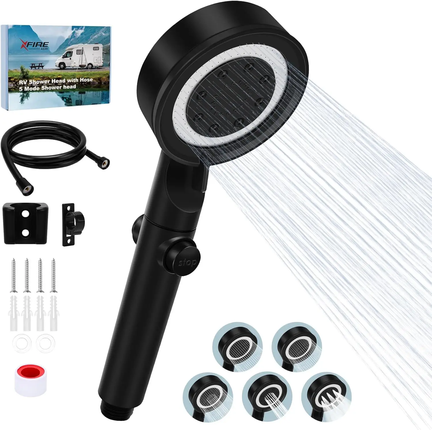 

RV Shower Head with Hose, 5+1 Mode High Pressure Replacement with On/Off Switch, Water Saving for Campervan Caravan Black