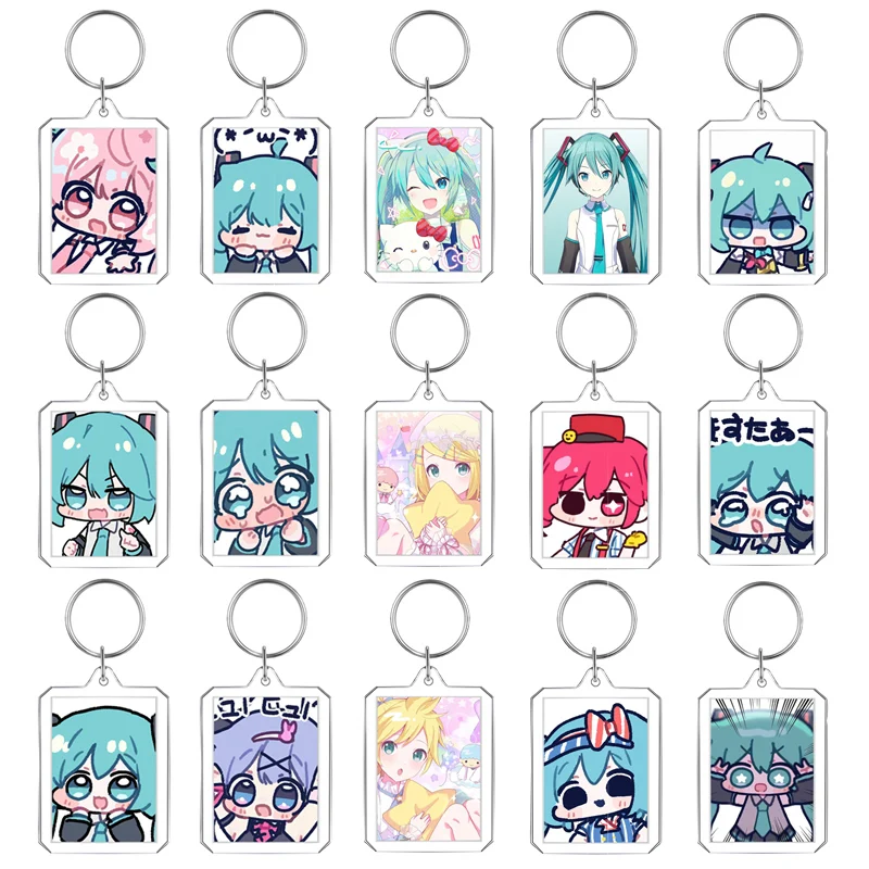 Anime Cartoon Hatsune Miku Q Version Double Sided Keychain Student Backpack Pendant Photo Frame Card Keyring Couple Girls Gift