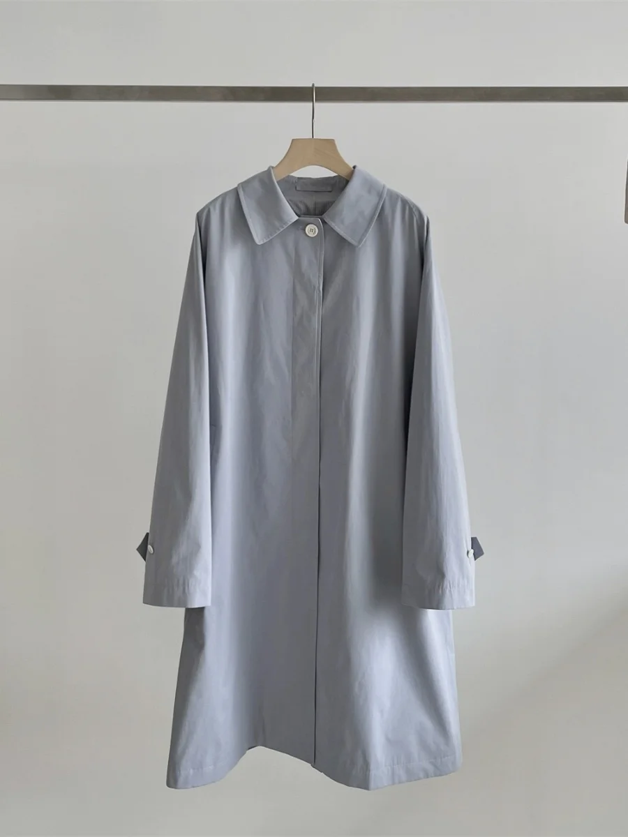   เสื้อกันลมคอปกพับได้กระดุมเดี่ยวสีน้ำเงินทรงยาวบางเฉียบ Jaet PREON Work Refreing Outerwear Spring Summer Lightweight