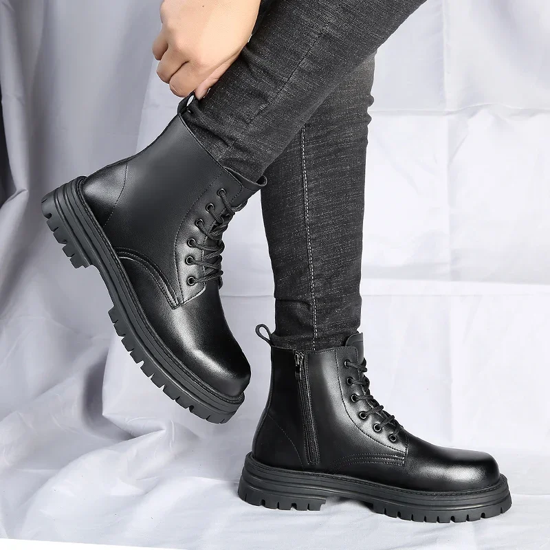 Men\'s High-top Fashion Glossy Shoes New Motorcycle and Ankle Boots Waterproof Boots Men Leather Shoes Men Casual Boot Autumn