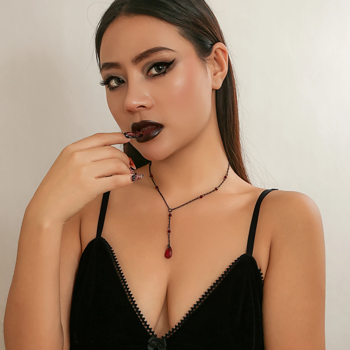 IngeSight.Z Gothic Dark Red Crystal Pendant Necklace Women Vintage Metal Link Chain Choker Necklace Cosplay Halloween Jewelry image 3