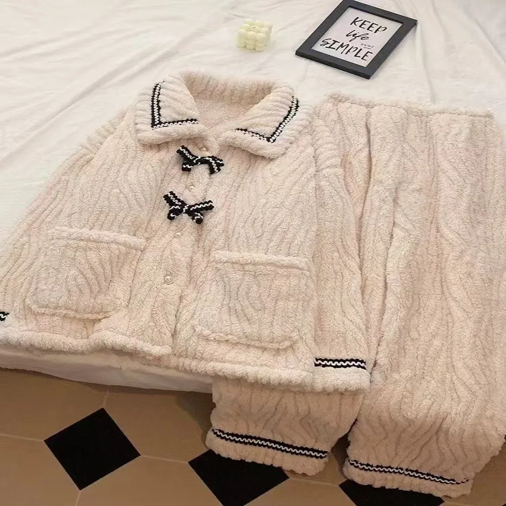 A Set Thickened Fleece Women Pajamas Coral Velvet Bow Design Winter Sleepwear Set Small Fragrance Style Home Clothes