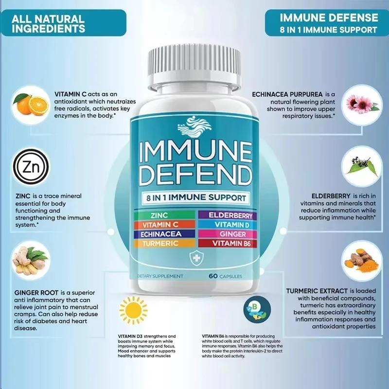 

Поддержка иммунной защиты 8-в-1 содержащей 50 миллиграмм цинка, витамина С D3, березировки, куркумина и имбиря и эхинацеи.