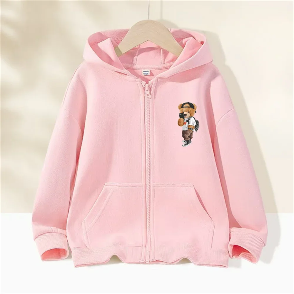 New Zipper Hoodie for Kids Cartoon Bear Print Spring Long-sleeved Sweatshirt Casual Top for Boys/girls Clothing Sweater