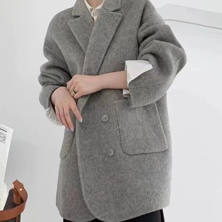 Women's Solid Wool Suit Coat Loose Warm Casual Double Breasted Vintage Jacket With Pockets Office Street Style Clothes Outwear