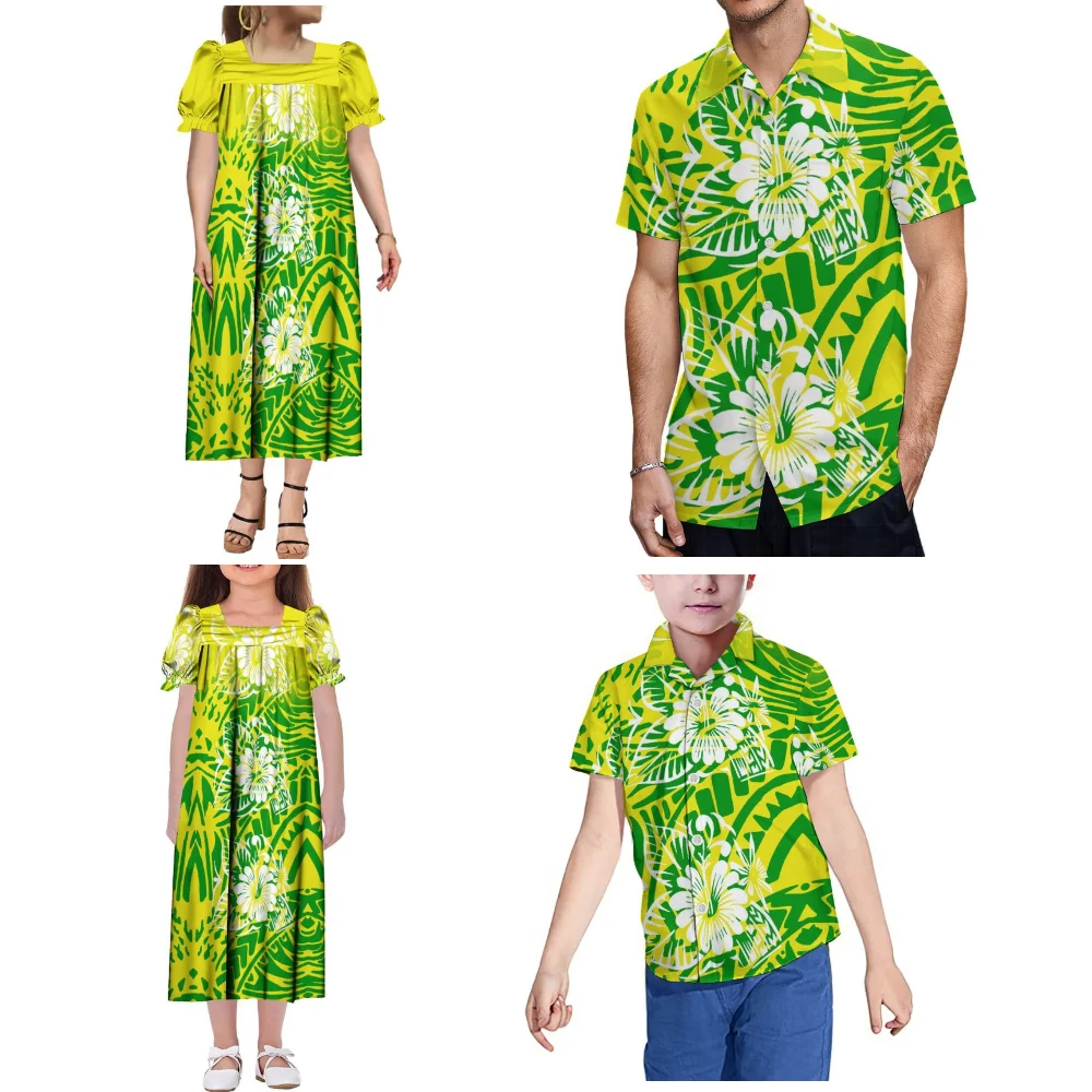 Conjunto Familiar de Alta Qualidade: Vestido Floral Feminino Mumu e Camisa Masculina Casual com Bolso em Tecido Macio para Festas