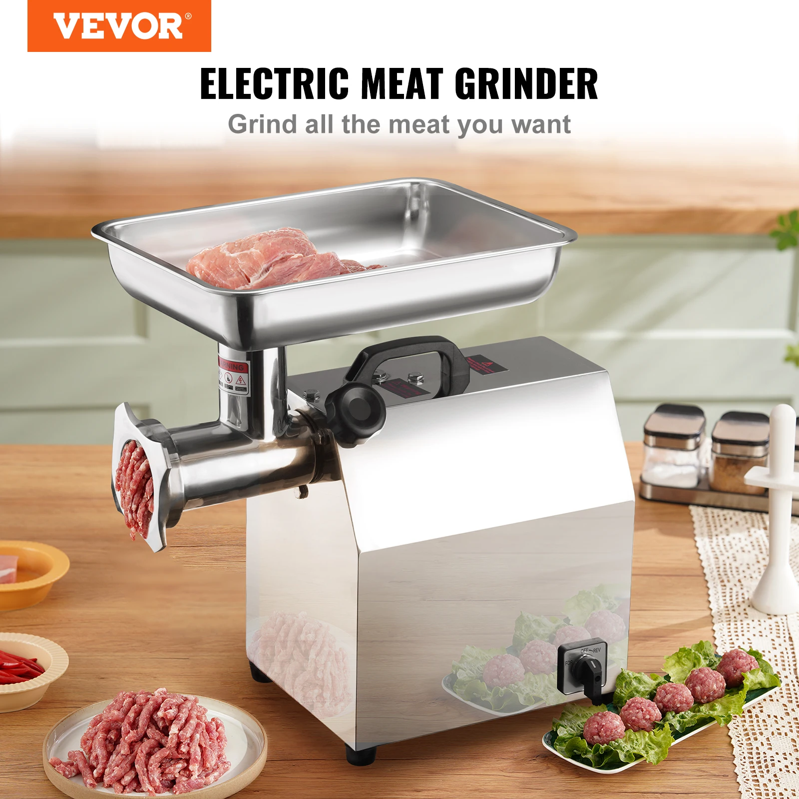 VEVOR Commerical Electric Meat Grinder Mincer Stainless Steel with 3 Grinding Plates 2 Blades Sausage Kit ETL Listed for Home