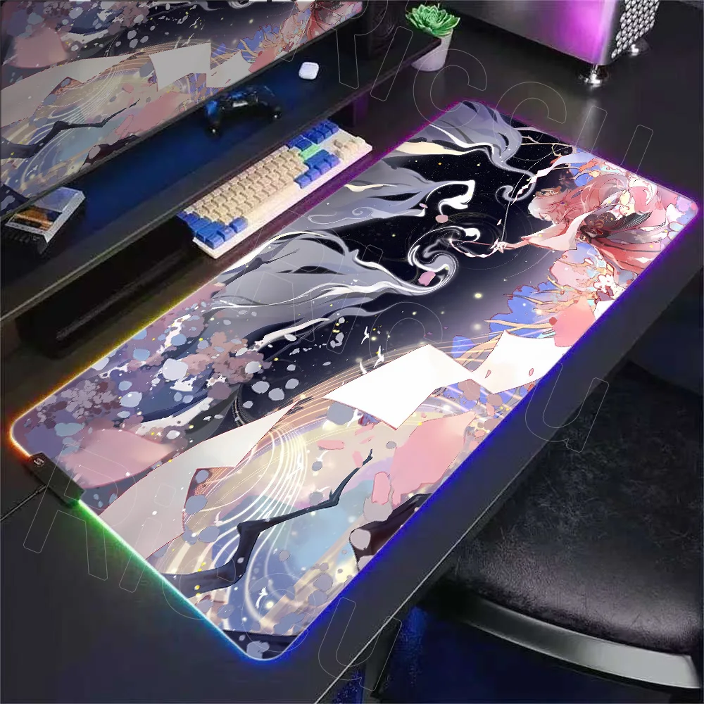 New Pretty Wallpaper Yae Miko RGB Mouse Mat Genshin Impact Gaming LED Accessories Desk Mat Pc Keyboard Mouse Pad Laptop Mousepad