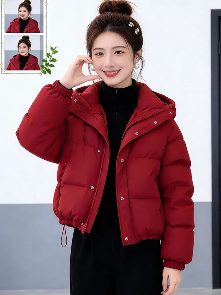 Red Thickened Cotton Jacket Women's Winter New Style Commute Cotton Coat Warmth Personality Small Size Chinese Zodiac Year