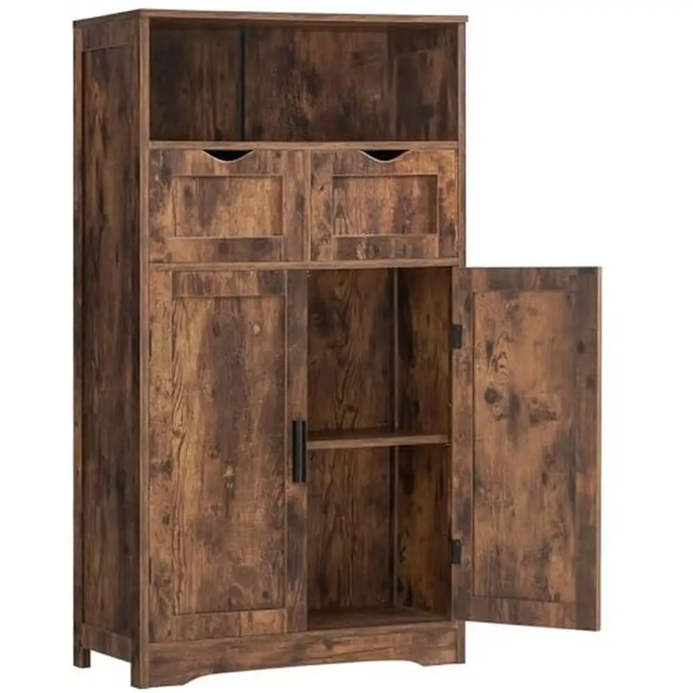 Armário de armazenamento ajustável com gavetas e portas, Armário de piso de madeira, Farmhouse Style, Living Room Organizer, 2