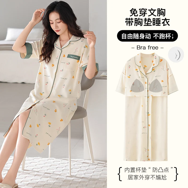 Newest M-5XL Women Short Sleeve Nightdress With Chest Pad Female Knited Cotton Nightwear Sleepdress