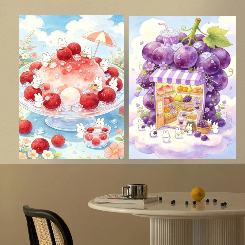 Mosaic Full Round/Square Cute Rabbit Berry Shaved Ice Dessert DIY Diamond Painting Wall Decor for Living Room Gift Frameless