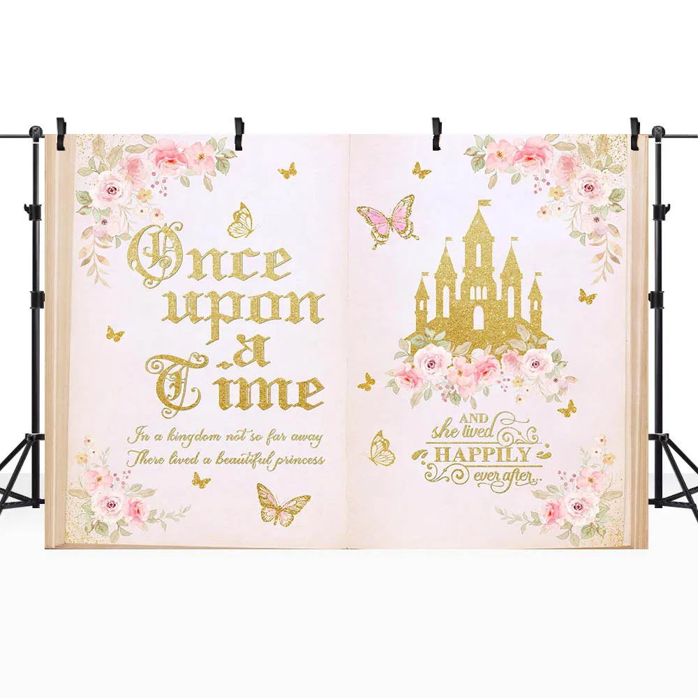 Mocsicka-Magic Book Backdrop para o chuveiro do bebê, Decoração do partido de boas-vindas, Banner de fundo personalizado, uma vez em um tempo, pequena princesa menina