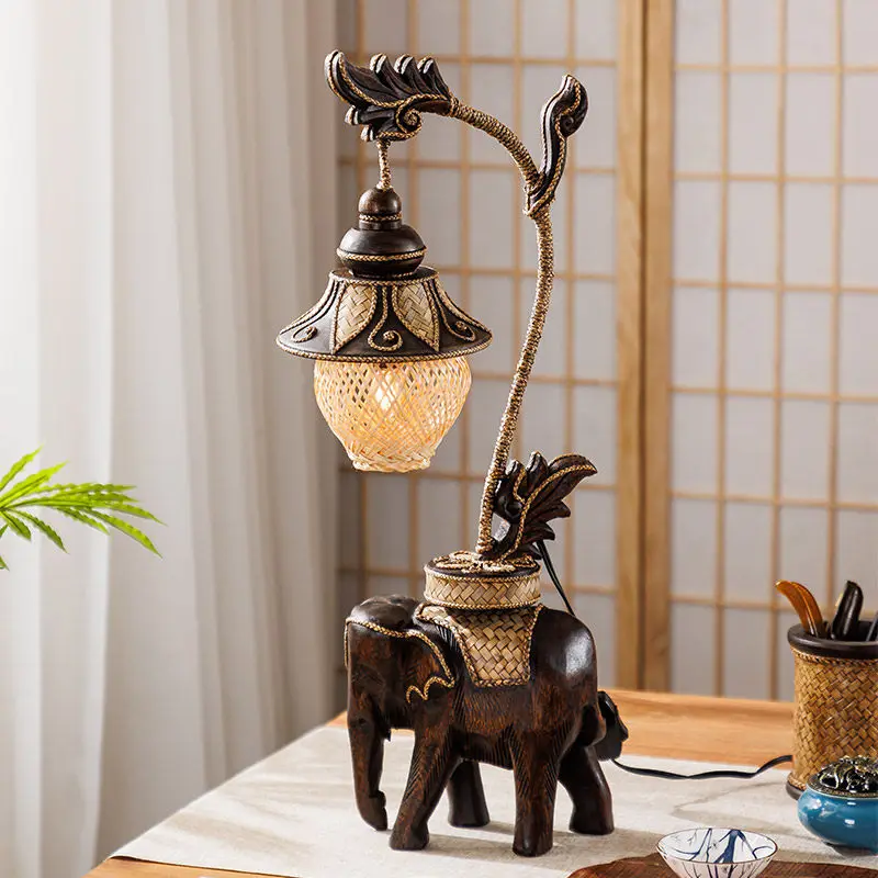 Southeast Asian Elephant Sculpture Table Lamp Retro Hand Carved Wood Rattan Glass Shade Led Bedside Teahouse Bedroom Night Light